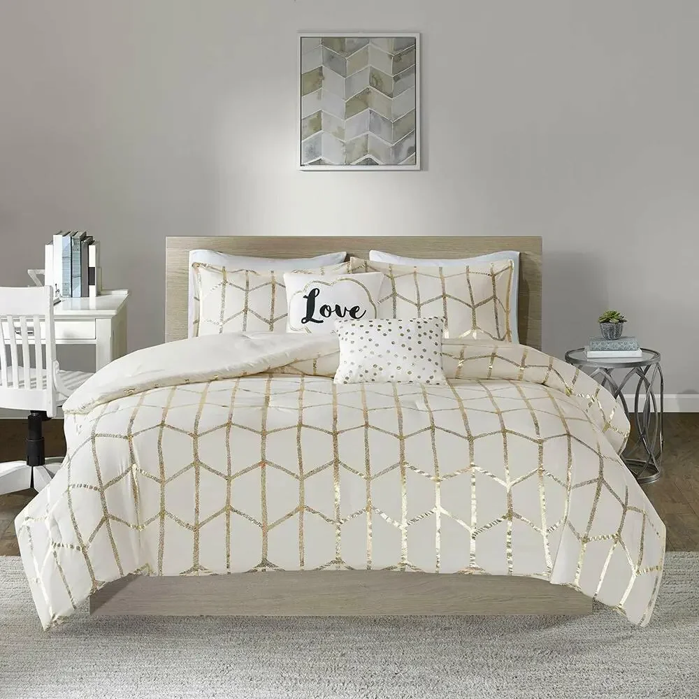 Intelligent Design Love Raina Geo 5-Pc Comforter Set Ivory Gold Full Queen NEW